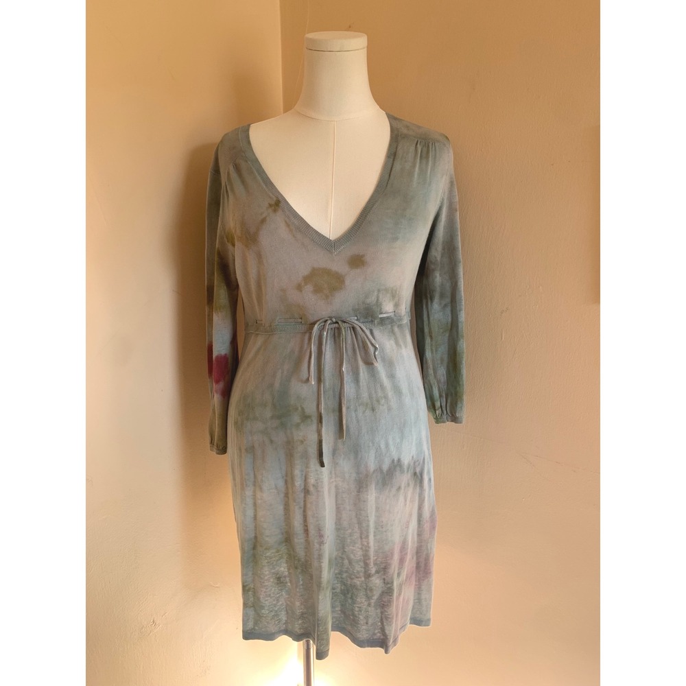 Boden Tie Waist V-Neck Knit Dress Blue Gray Green Watercolor US 8
